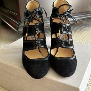 Jimmy Choo suede nappa black lace up heals size 5.5